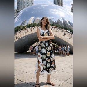 Farm Rio NWT Anthropologie Linen Sleeveless Scallop-Trim Slim Midi Dress size S.